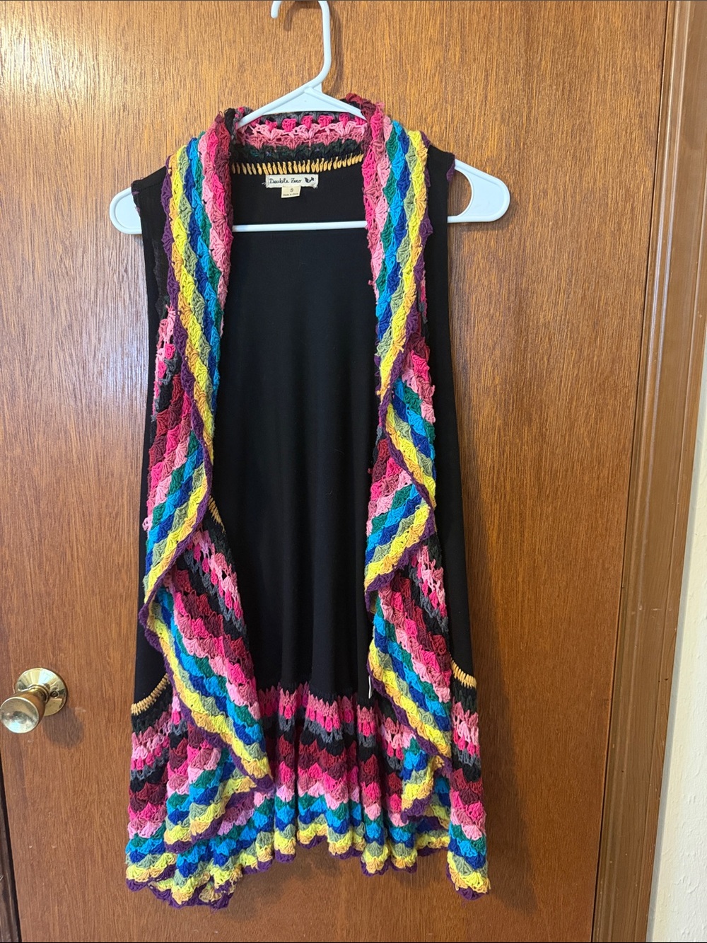 Double Zero Black Knit Vest with Pink and Yellow Crochet Accents